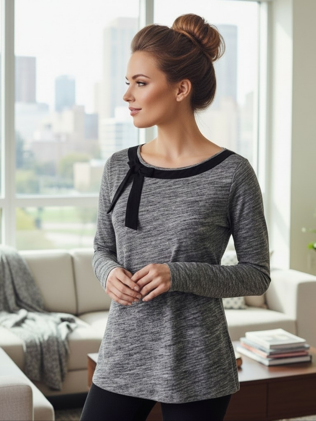 Loft Heather Gray Long Sleeve Scoop Neck Cotton Top W/Black Bow Trim Size M